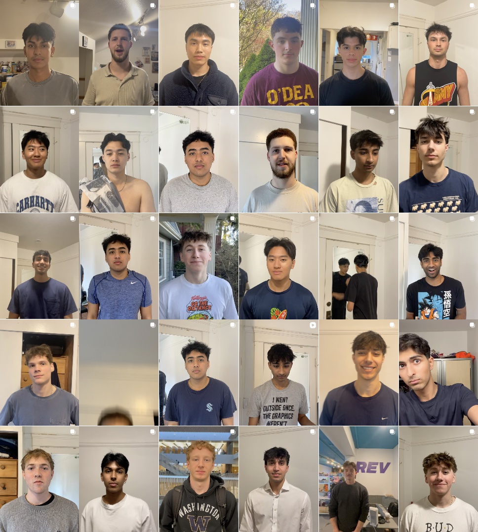 a second grid of thirty friends, each photographed after a haircut