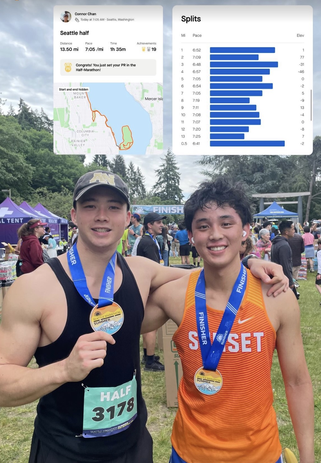 two finishers with medals after the seattle half, over a strava card showing a 1:35 pr and mile splits